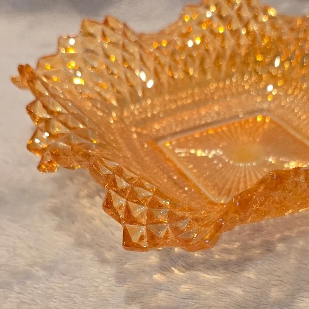 Vintage Indiana Marigold Carnival‎ Glass Square Bowl Diamond Point Sawtooth Edge